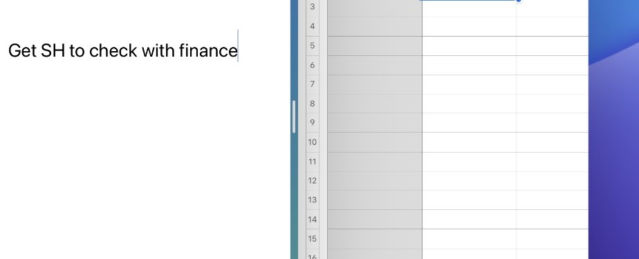 Text on the left reads: Get SH to check with finance. Right shows part of a spreadsheet.