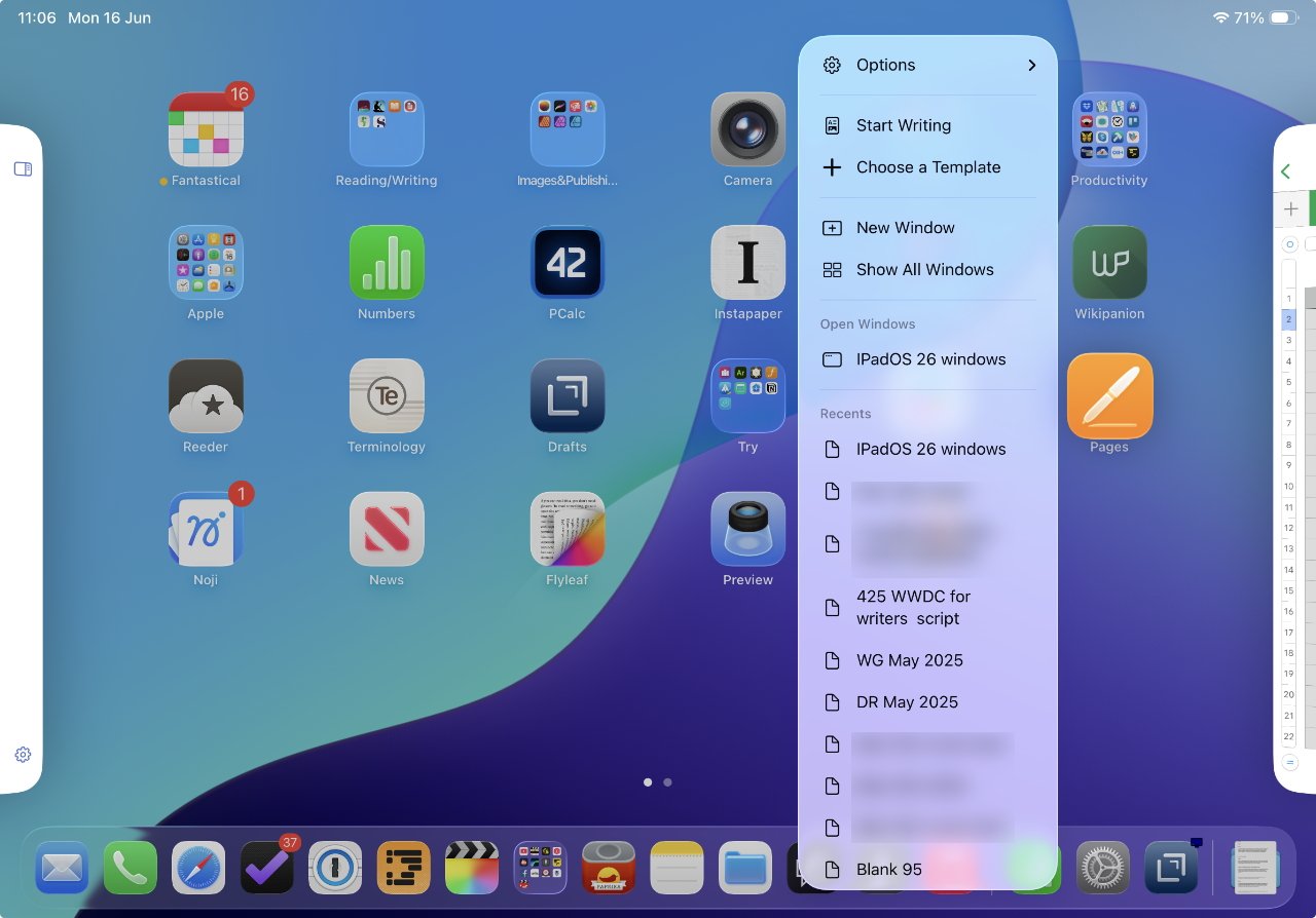 iPad home screen with various app icons, including Fantastical, Numbers, and Camera. A sidebar shows options for writing and templates, with recent document names listed.