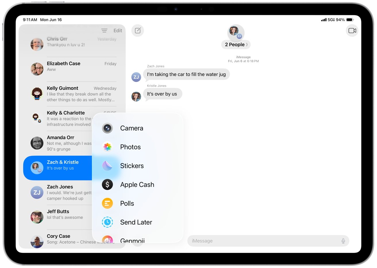 Tablet screen displaying messaging app interface with a list of conversations on the left and chat options such as camera, photos, and stickers highlighted.