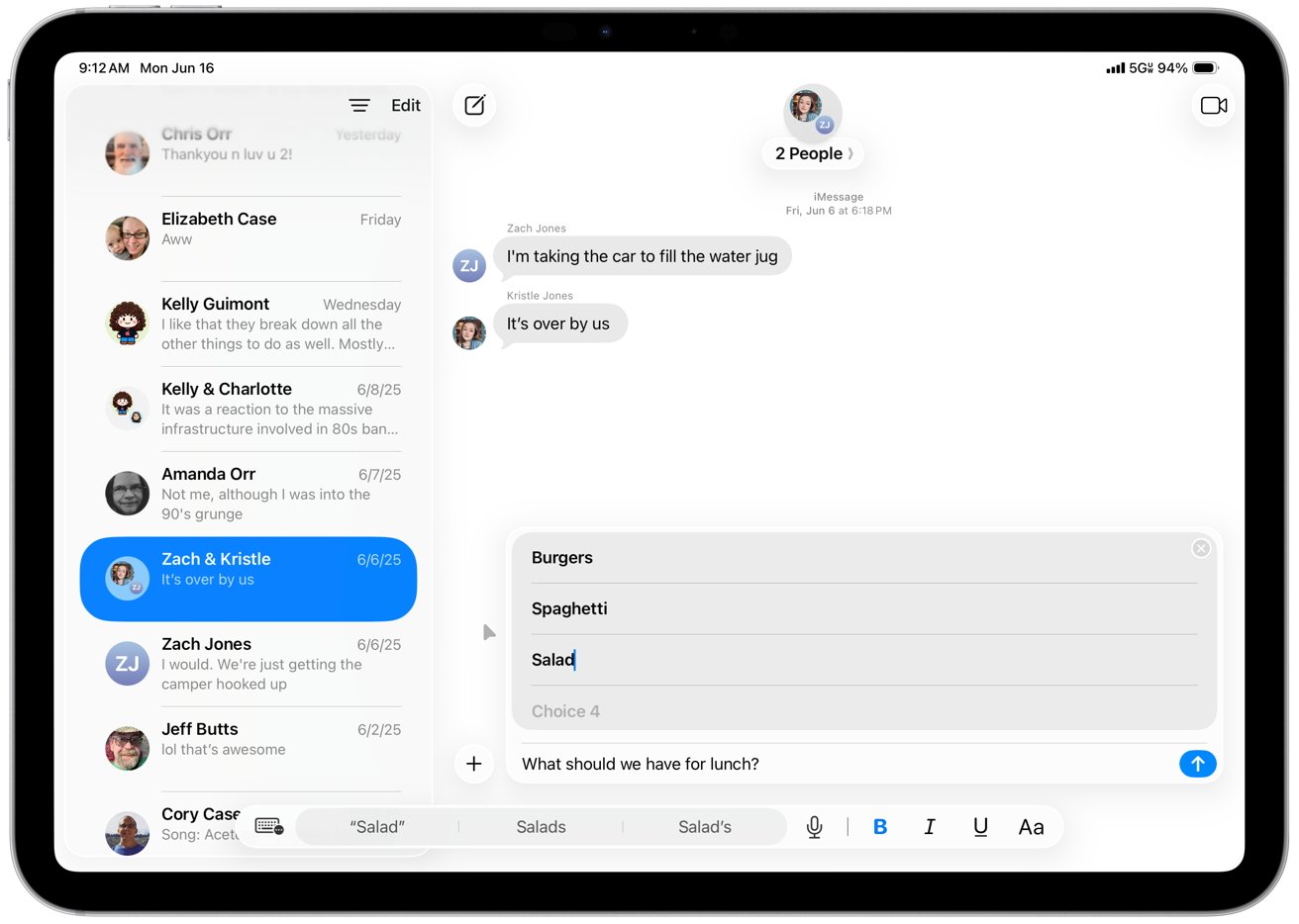 Tablet screen displaying a messaging app with a conversation about filling a water jug and lunch options including burgers, spaghetti, and salad. Contacts and conversation list visible.