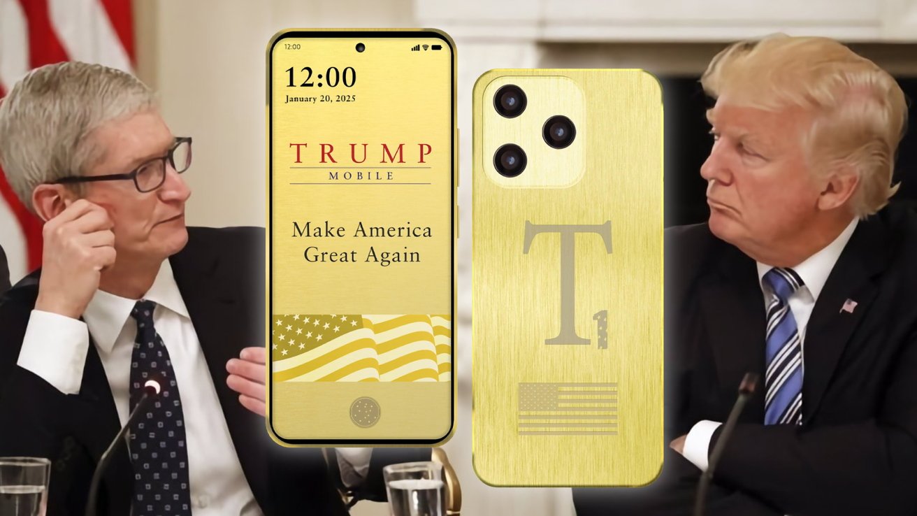 Two men sit at a table, separated by a golden smartphone displaying 'Trump Mobile,' with text 'Make America Great Again,' alongside a phone case with a 'T' and flag motif.