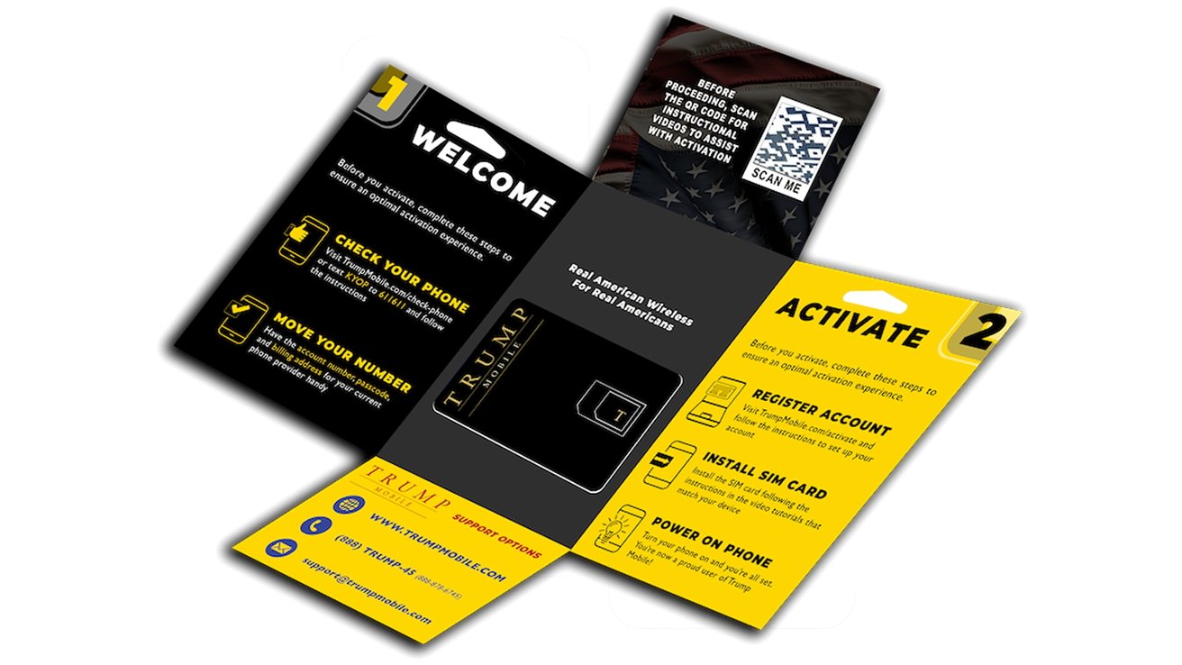 Folded brochure featuring Trump Mobile instructions, QR code, SIM card illustration, and contact information. Predominantly black and yellow color scheme with white text.