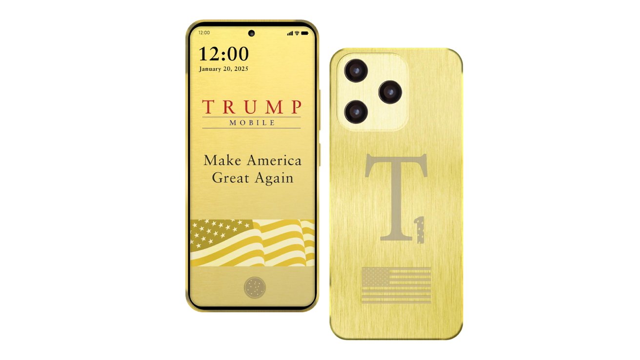 Gold smartphone design featuring 'Trump Mobile' and 'Make America Great Again' text, with an American flag motif. Three cameras on the back.