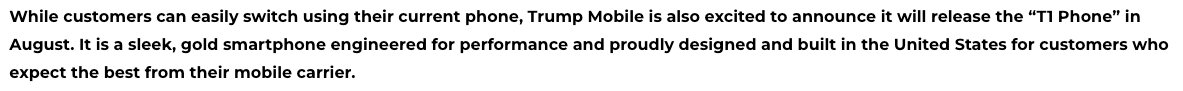 Announcement of a new gold smartphone by Trump Mobile, named the T1 Phone, set to release in August, designed and built in the United States.