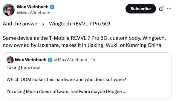 Social media post revealing Wingtech REVVL 7 Pro 5G as the manufacturer of T-Mobile's device, made in China. Includes a tweet discussing the device's hardware and software makers.
