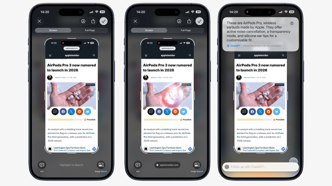 Three smartphone screens display an article about AirPods Pro 3 rumored for 2026. The left screen includes a notification summarizing AirPods features.