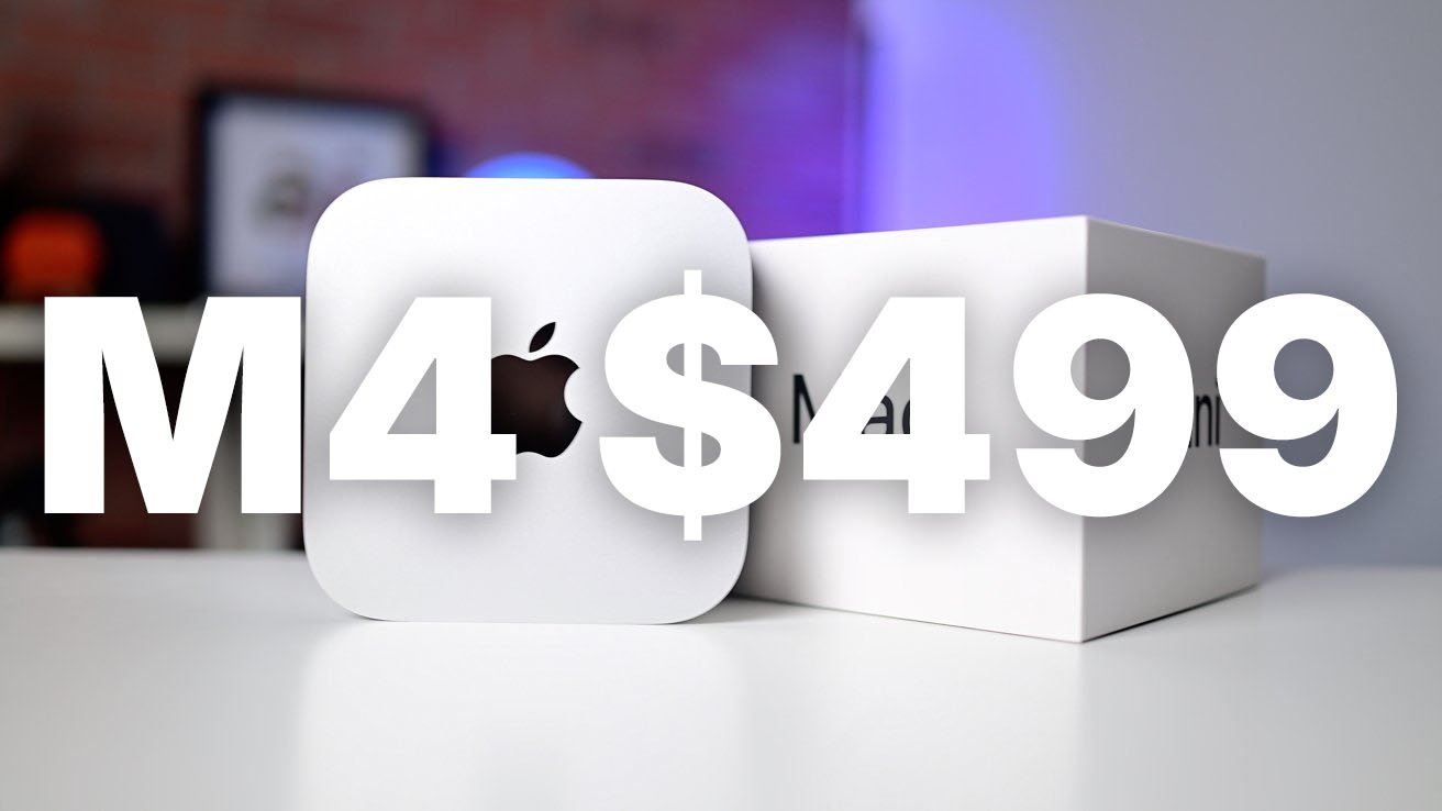 Mac mini standing on desk next to Apple box, set against blurred background. Large bold text overlay: M4 $499.