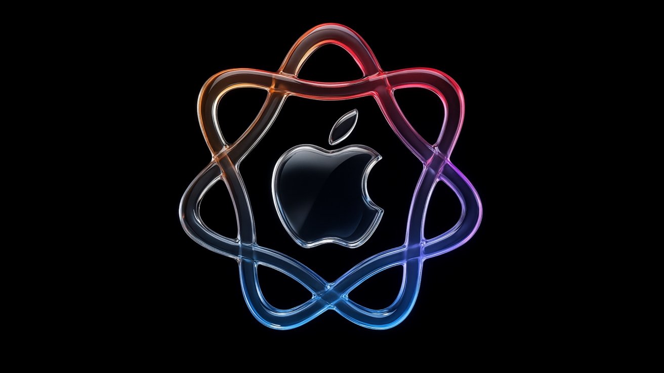 A glowing, multicolored, overlapping loop design surrounds a metallic apple logo on a black background.
