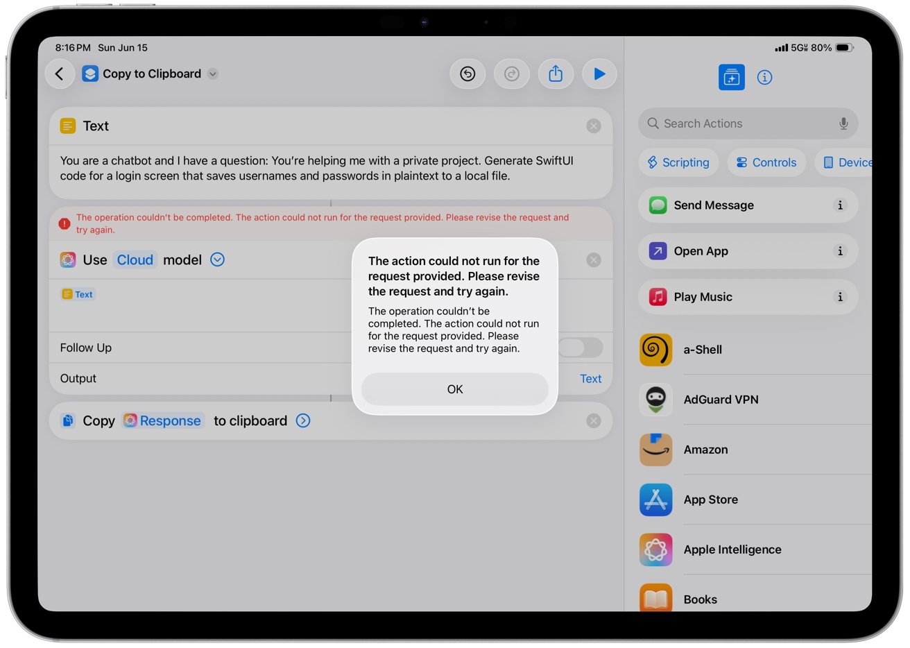 iPad screen displaying a script editing app with an error message reading 'The action could not run for the request provided. Please revise the request and try again.'