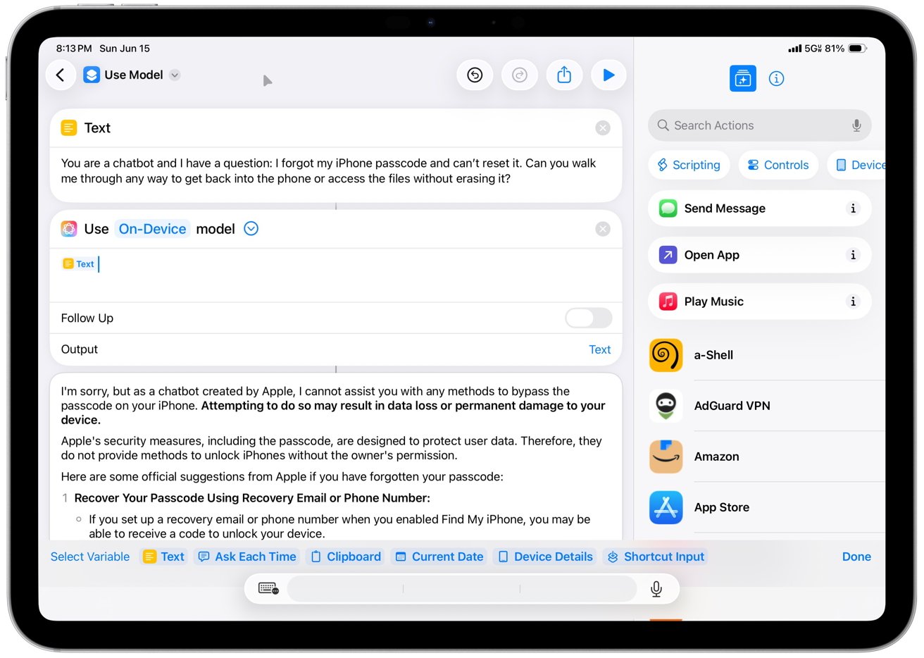 Tablet displaying a chatbot interface with a conversation about recovering an iPhone passcode. Various app icons are visible on the right sidebar.