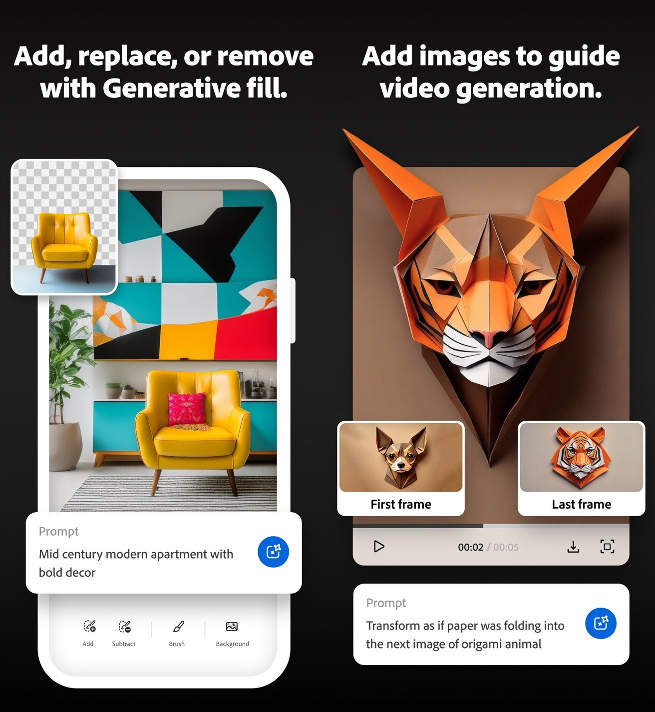 Two examples of digital design tools: a vibrant room with a yellow chair, and a video of an origami fox transforming into a tiger.