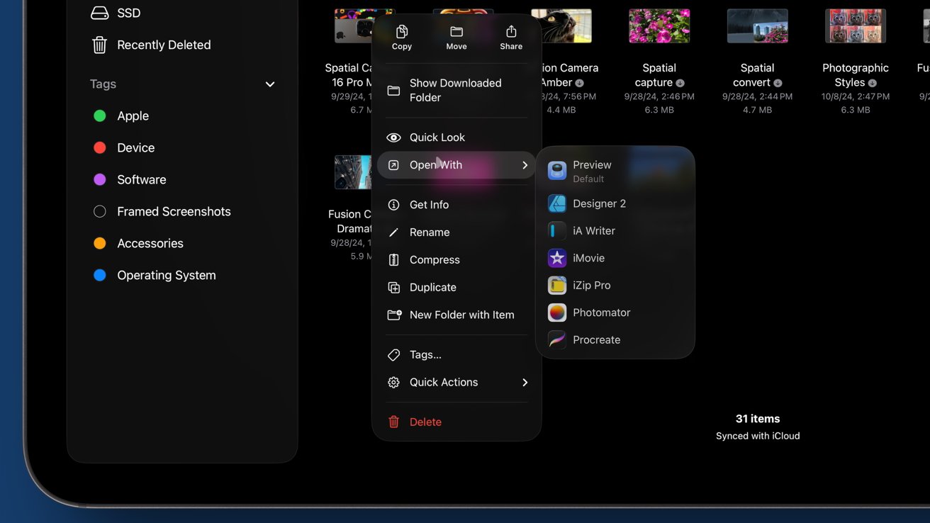 A dark-themed file manager interface showing context menus with file options like open, rename, and delete. Contains tags such as Apple, Device, and Software, alongside thumbnail previews of various files.