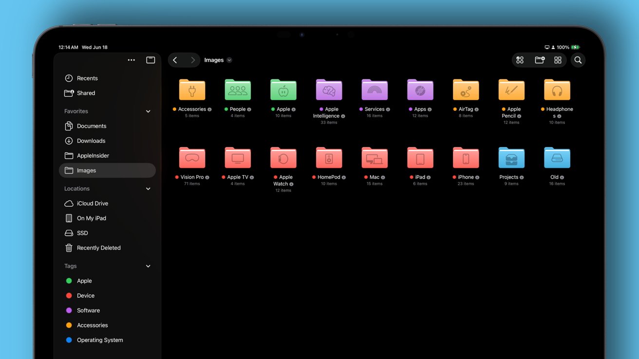 Tablet screen displaying a file management app with several colored folder icons labeled for different categories like accessories, people, and devices. Sidebar shows navigation options and tags.
