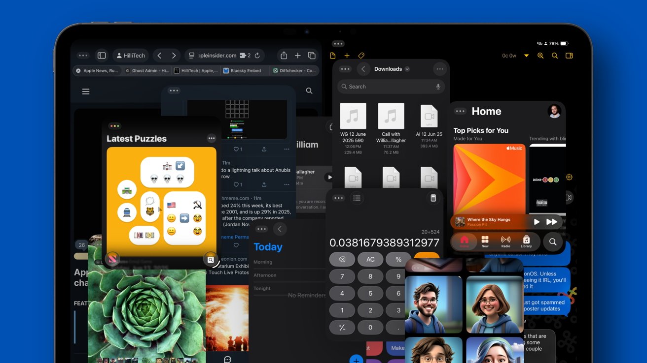 Overlapping app windows including puzzles, calculator, music, plants, files, messages, and social media on a tablet screen with a black and blue background.