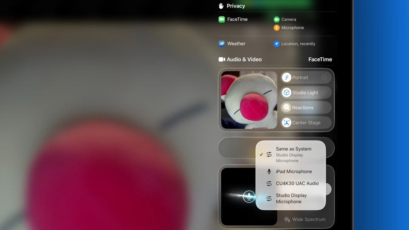 Settings menu with Privacy, Weather, Audio & Video options, displaying microphone selections. Background shows a blurred image with large pink and white shape.