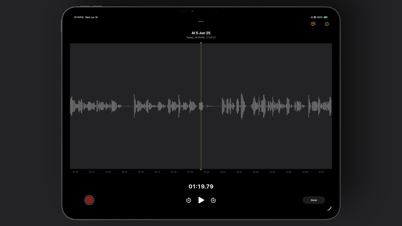 Tablet screen displaying an audio waveform in recording app, timestamp at 1:19.79. Includes play, record, and done buttons on a dark interface.