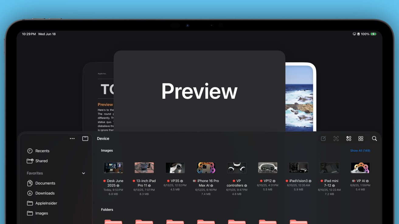 A tablet screen displays a file management app with folders and image thumbnails, featuring a prominent 'Preview' window overlay. The interface includes sidebar navigation on the left.
