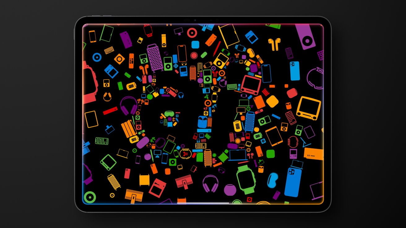 Colorful icons of technology devices, including phones, headphones, and watches, arranged in a vibrant spiral on a black background, viewed on an iPad screen.