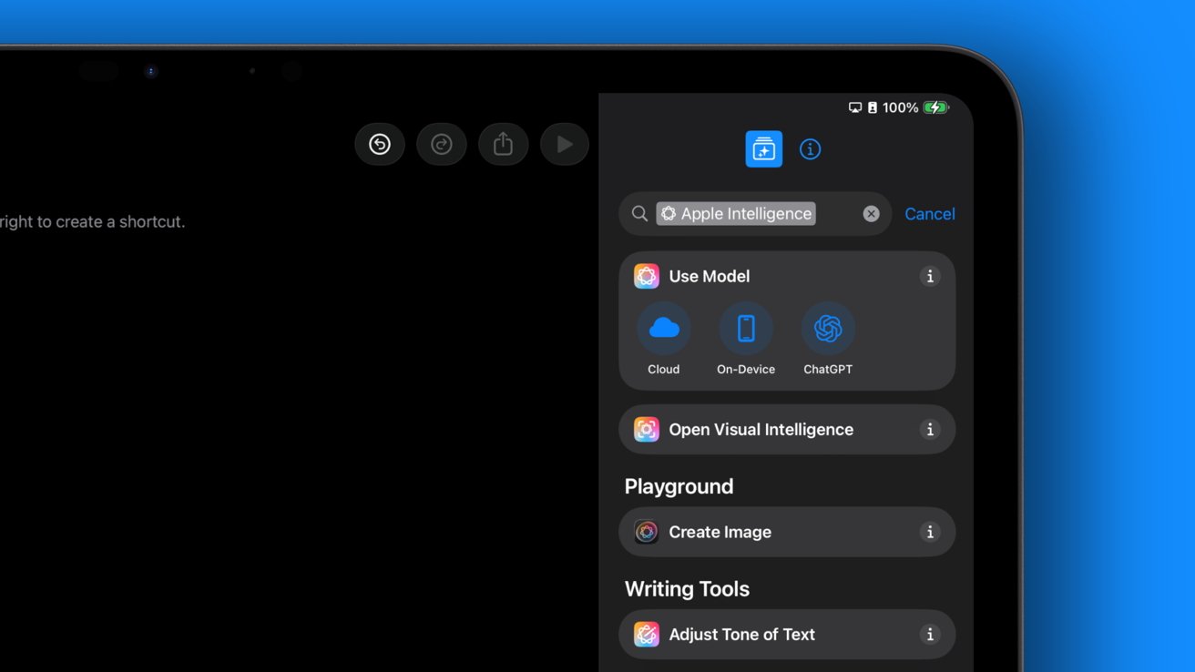 A digital interface showing a search bar, model options, and tools for creating images and adjusting text tone, on a dark background.