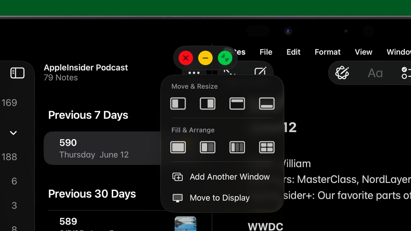 Computer screen displaying note-taking app, with options for window arrangement featuring icons, text labels, and colorful window control buttons.