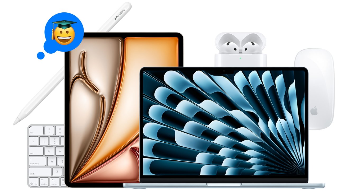 Laptop and tablet with abstract screens, Apple Pencil, AirPods, Magic Mouse, and keyboard. A graduate emoji with a blue hat is in the background.