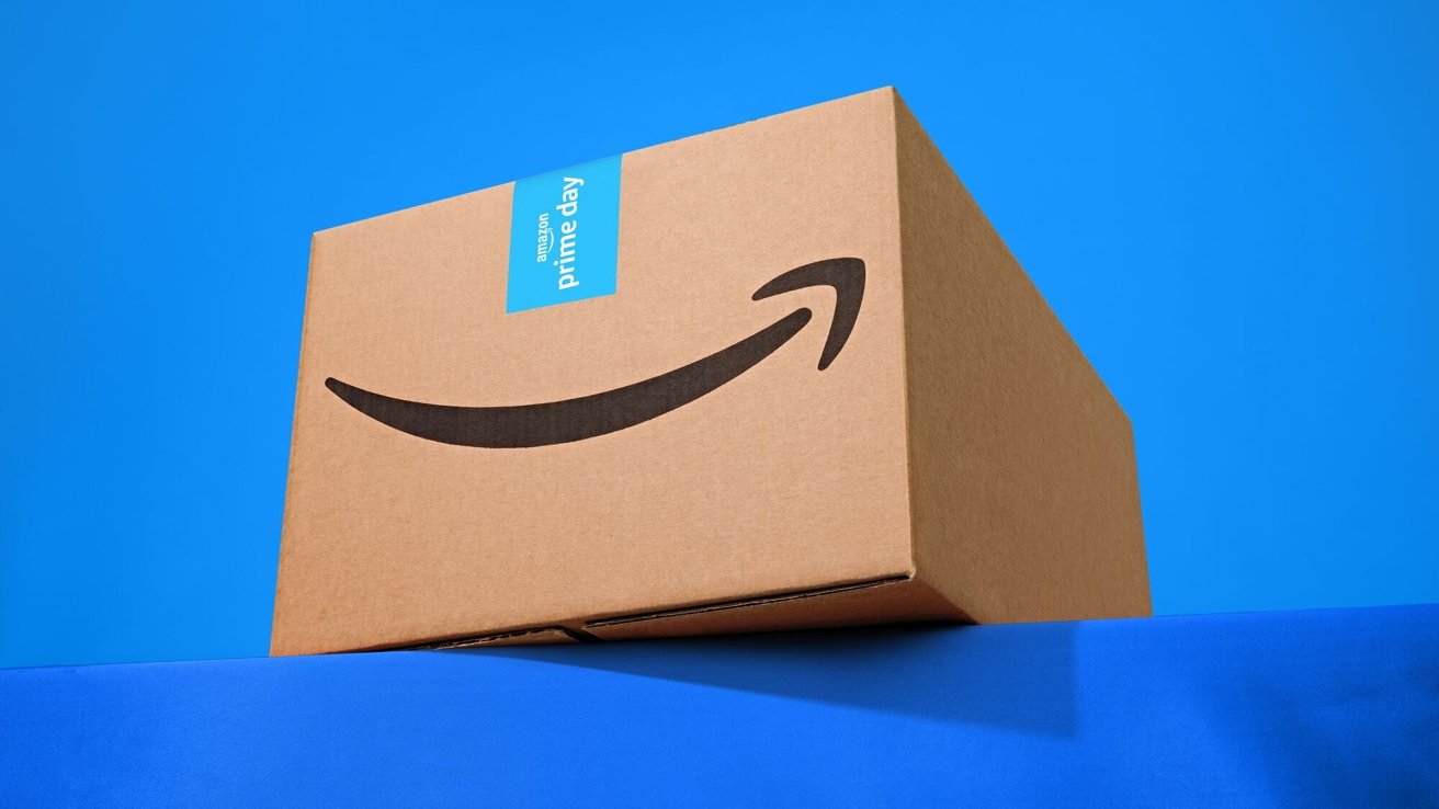 Brown cardboard box with a Amazon smile logo and a blue Prime Day sticker, set against a bright blue background.