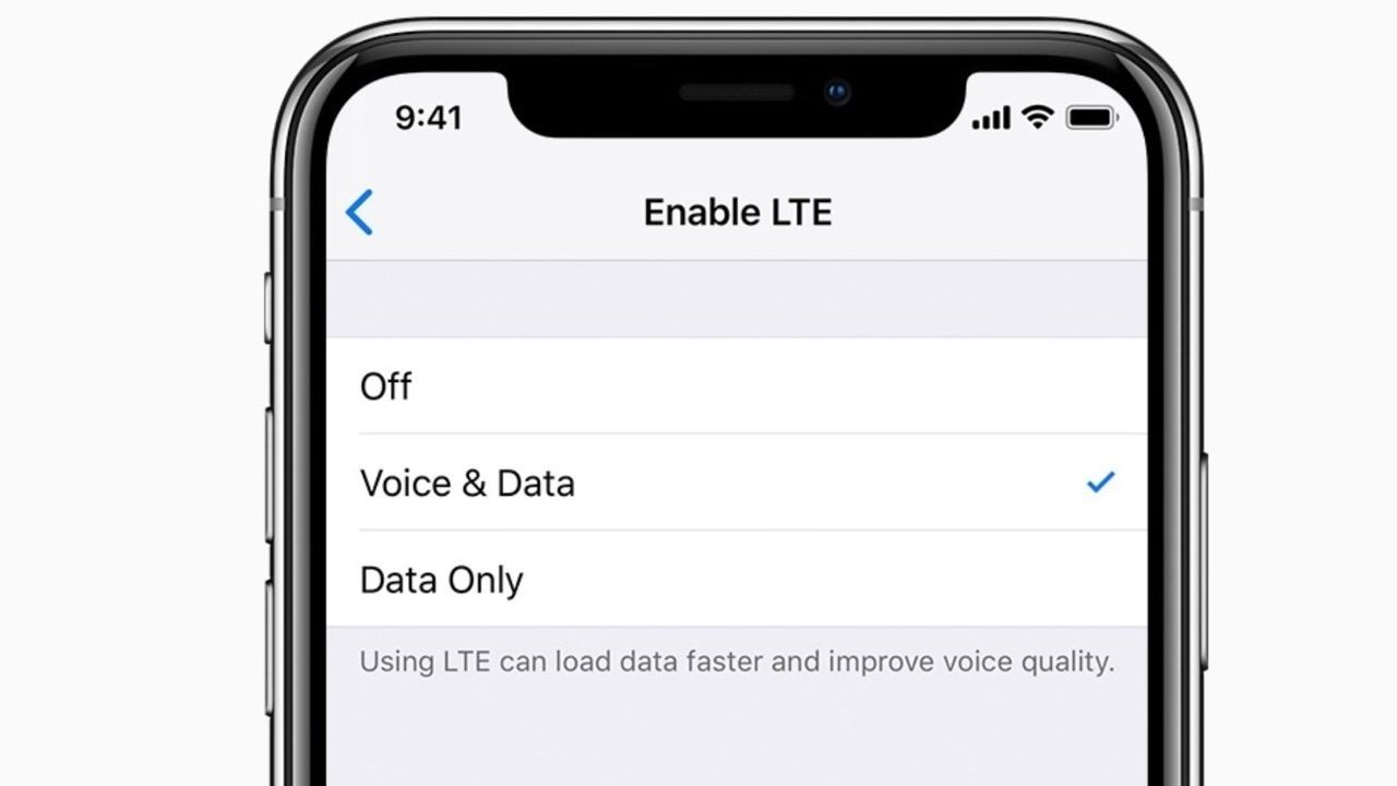 Smartphone screen displaying LTE settings with options: Off, Voice & Data (selected), Data Only, and a note on faster data and voice quality improvement.