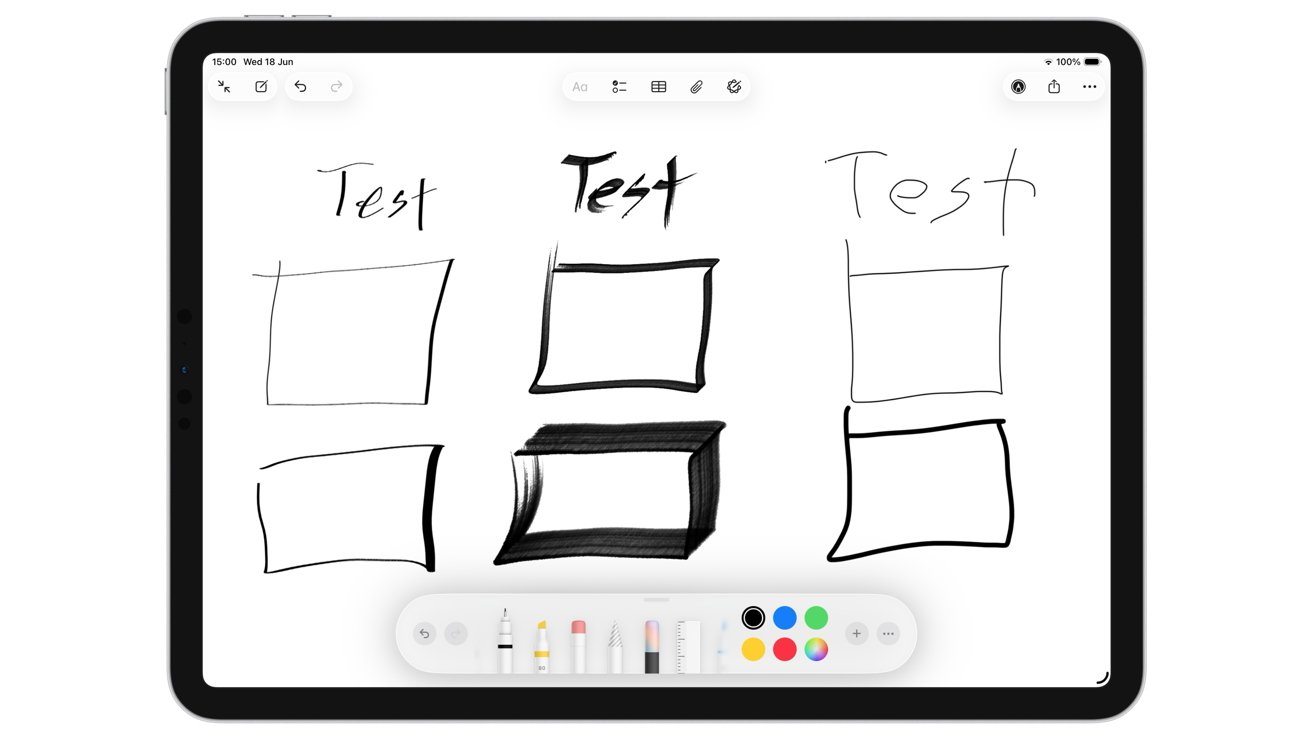 Tablet screen displaying three pairs of hand-drawn squares, each labeled 'Test,' with drawing tools and color palette at the bottom.