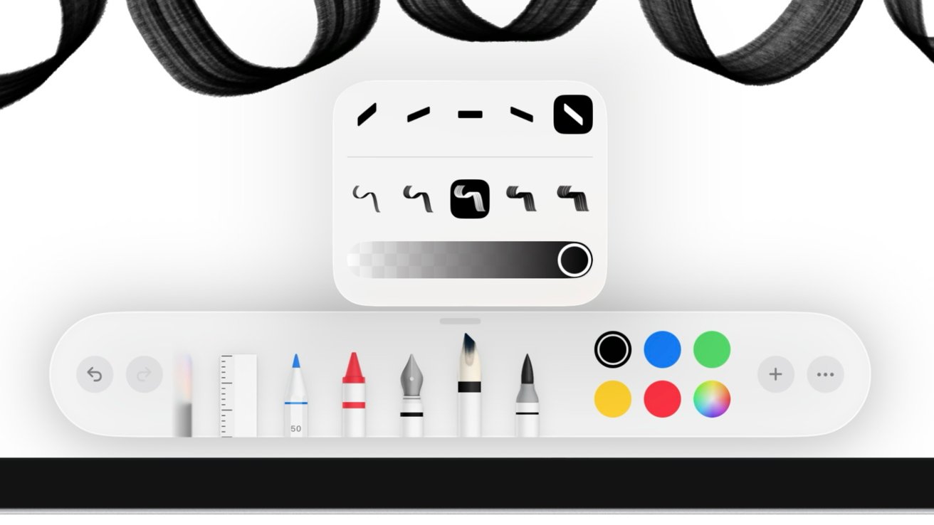 Digital drawing toolbar with brush settings, color palette, various drawing tools, and undo options on a white background.