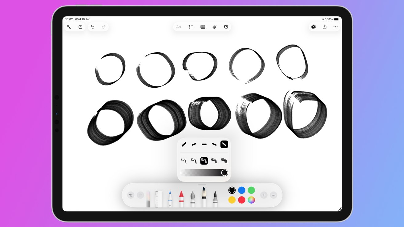 Digital tablet screen displaying various black brushstroke circles, with drawing tool options and color palette at the bottom.