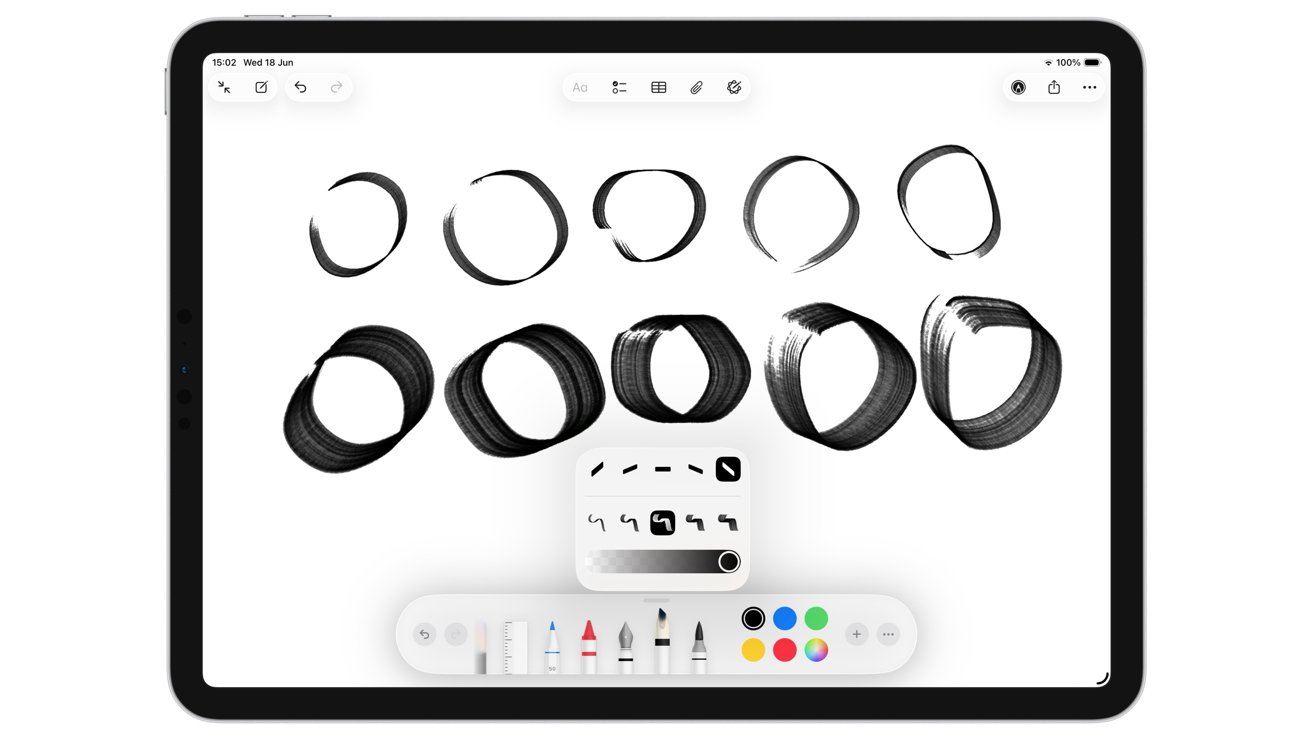 Tablet screen displaying digital brush strokes in various thicknesses, forming incomplete circles. Below are color and brush tool options, including pencils and markers.