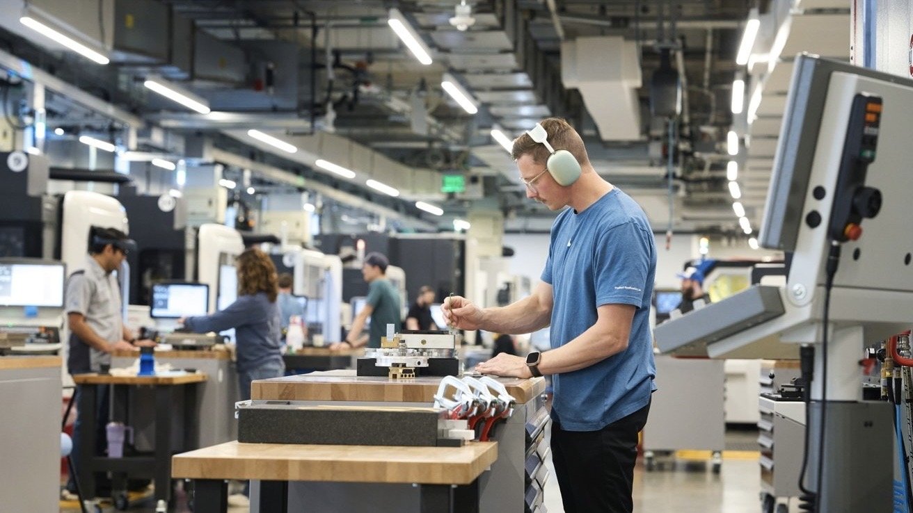 A person wearing earmuffs works at a busy, modern workshop with various tools, machines, and people in the background.