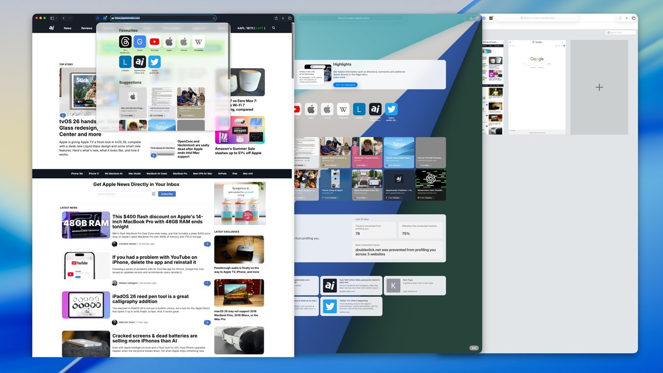 Three open computer windows display a news website, frequently visited sites with icons, and a browsing tab management interface.