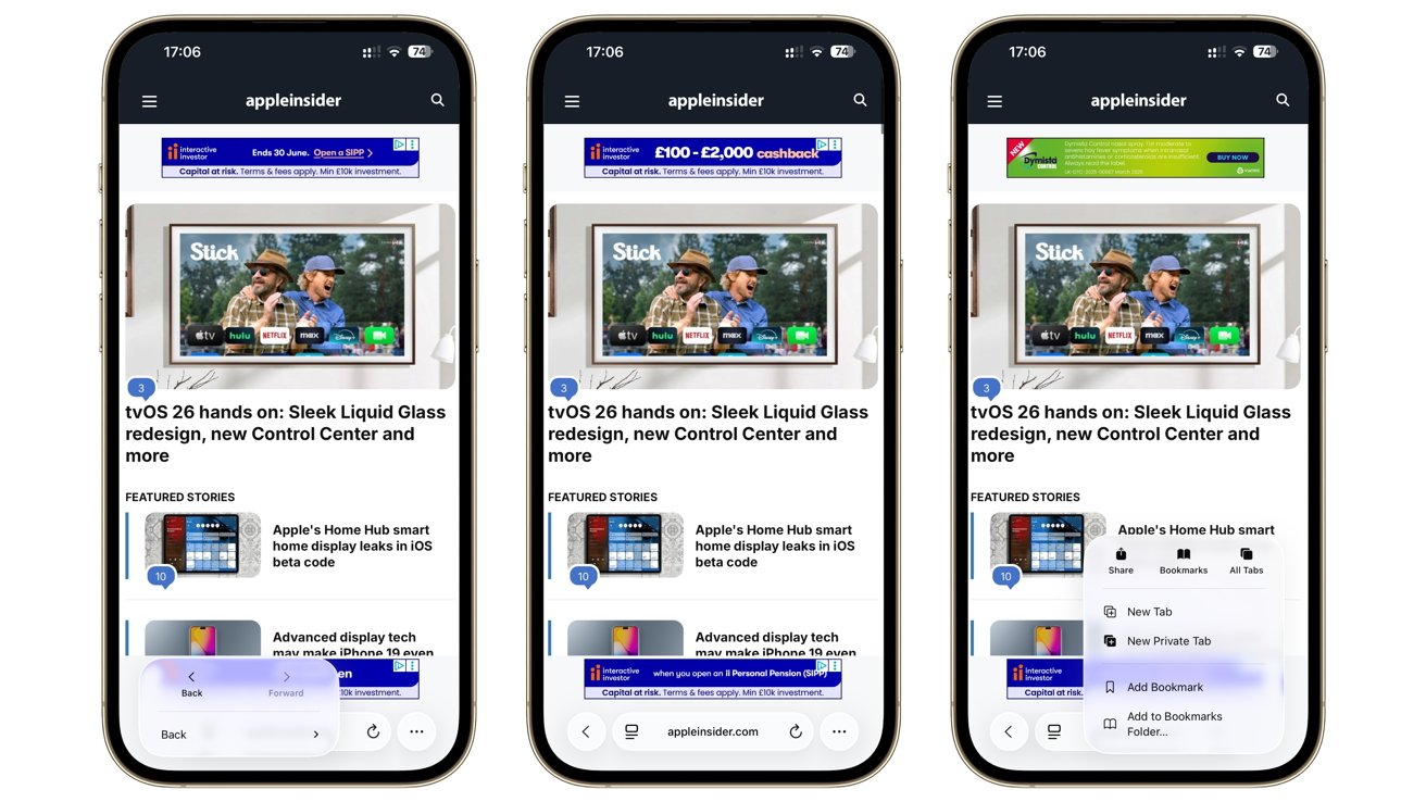 Three smartphones showing a tech news website with articles on tvOS 26, a Home Hub smart display, and advanced iPhone display technology. Navigation and bookmark options are visible.