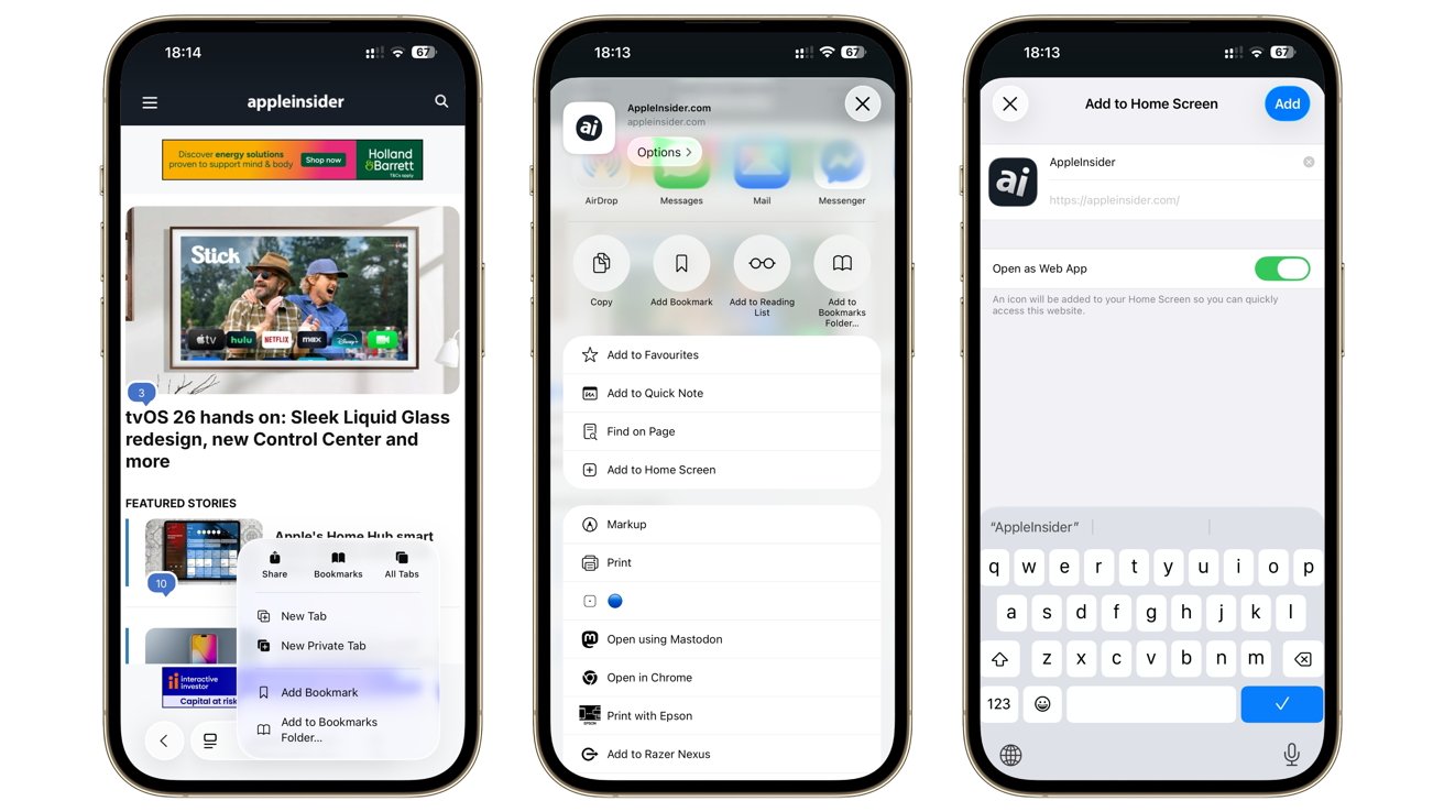 Three smartphone screens display the AppleInsider website, sharing options menu, and add-to-home-screen feature with keyboard input for customization.