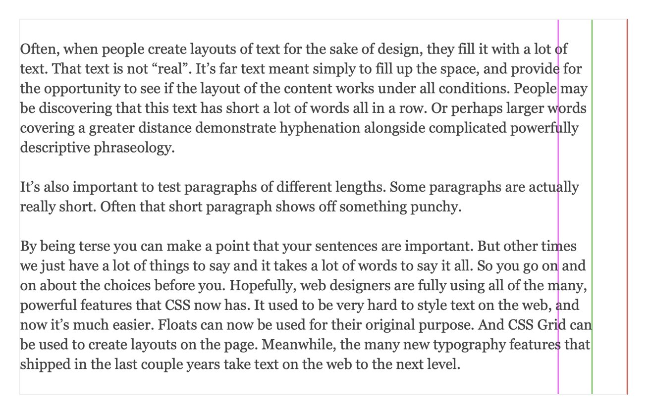 Paragraphs of different lengths with three vertical lines on the right side, colored purple, red, and green. Text discusses layout and typography in web design.