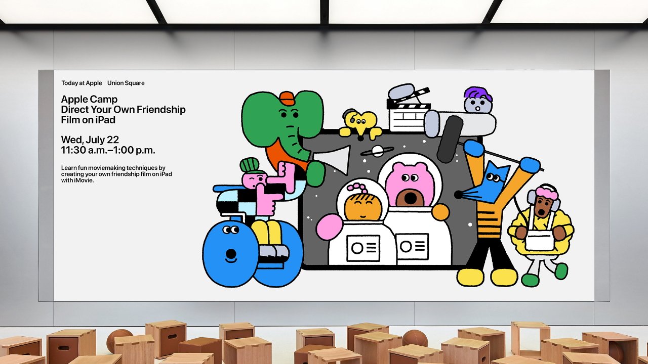 Graphic featuring colorful cartoon animals using filmmaking equipment, including an elephant with a megaphone and others with cameras and clapperboards, promoting an Apple Camp event.