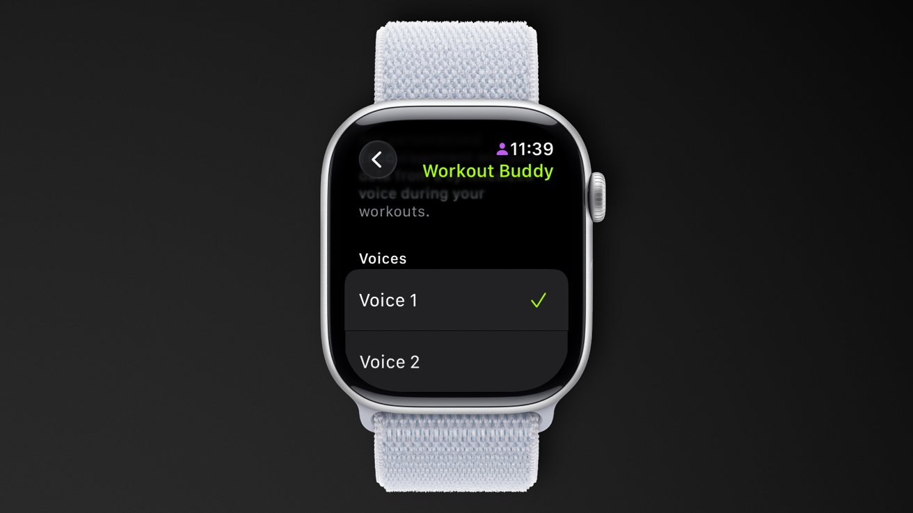 Smartwatch screen showing 'Workout Buddy' with options for selecting voices, currently set to 'Voice 1'. Time displayed is 11:39.