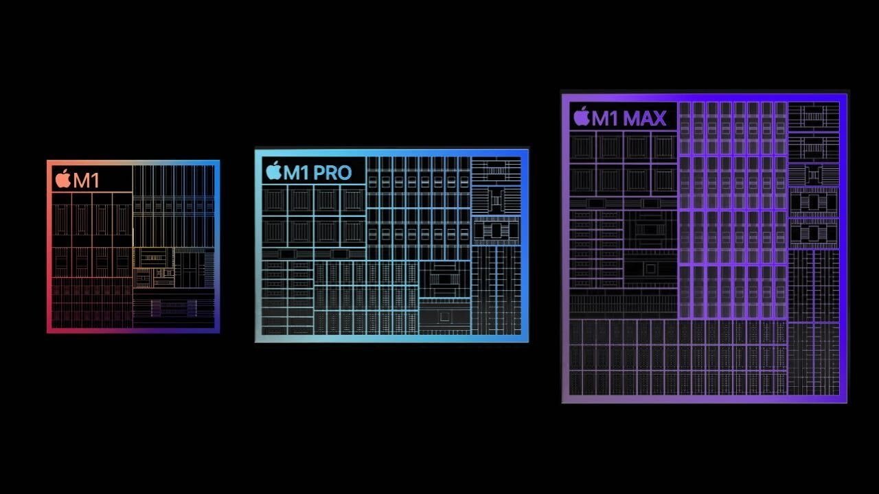 Three Apple silicon chip designs side by side labeled M1, M1 Pro, and M1 Max, with colorful gradient frames and intricate circuit patterns on a black background.