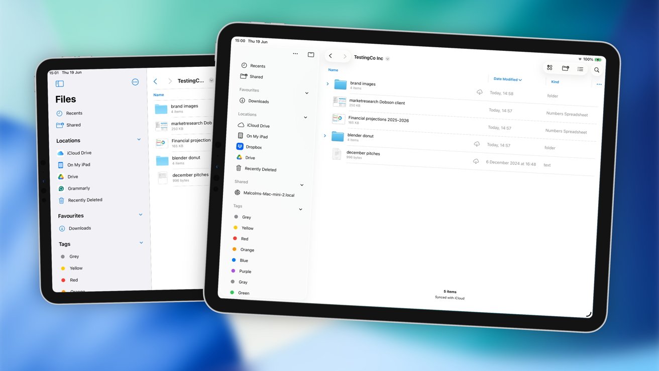 Two tablets display file management apps. The left shows locations and tags, while the right lists files and folders with details like date modified and file type.