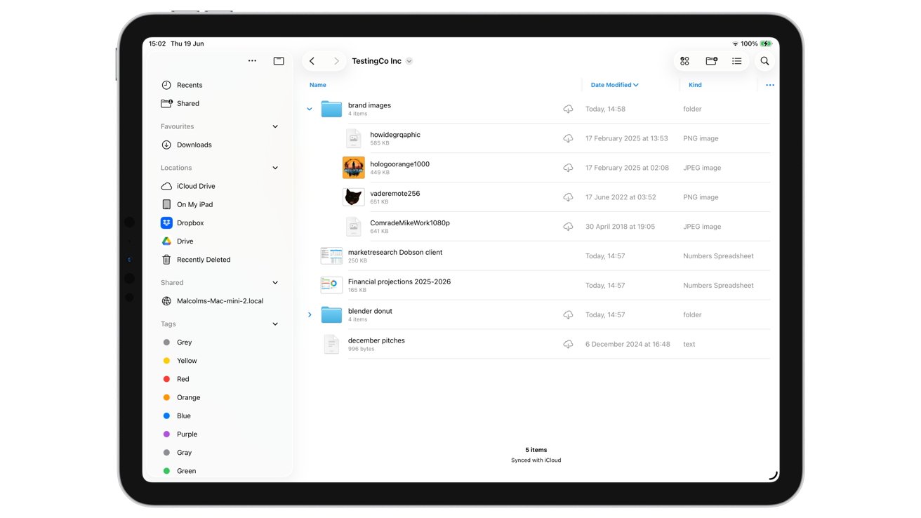 Tablet screen displaying cloud storage interface with folders, files, and sidebar navigation. Items show names, dates, and types like images and spreadsheets.