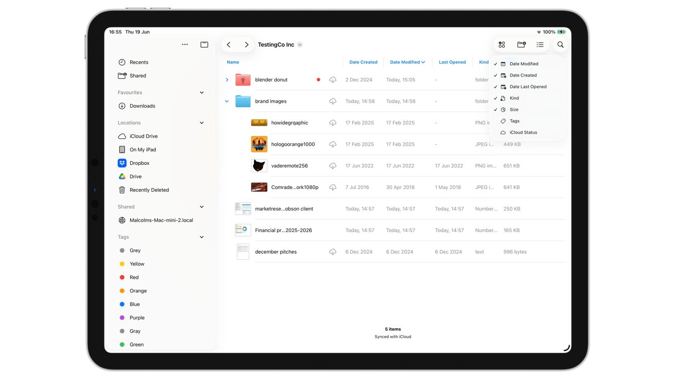 Tablet displaying a file management app with folders and file details such as name, date, and size. Navigation menu on left, detailed file list on right.