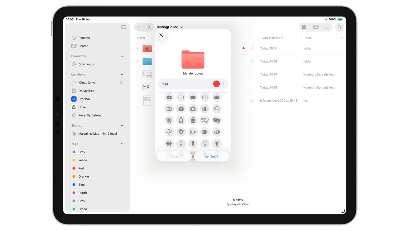 Tablet screen showing a file management app with folders, documents, and tag options. Left sidebar displays various locations and tag colors. Central section lists files with details.
