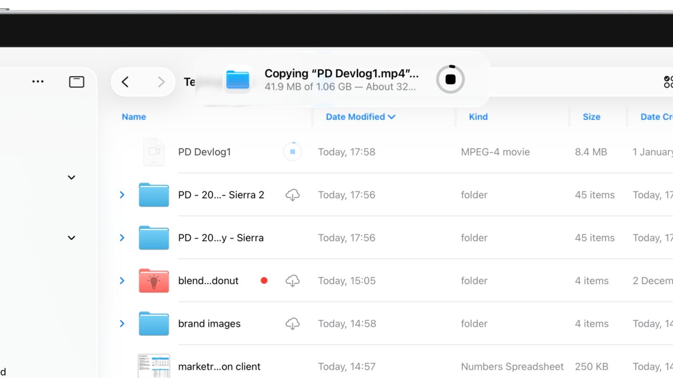File directory on a Mac shows folders and files. A progress bar indicates copying 'PD Devlog1.mp4'. Other folders and files with details like size and modification date are listed.