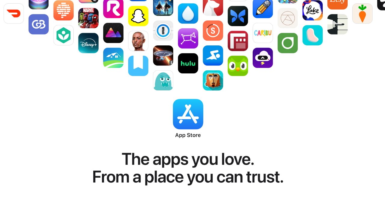 App icons form a heart shape above the App Store logo with the text, 'The apps you love. From a place you can trust.'