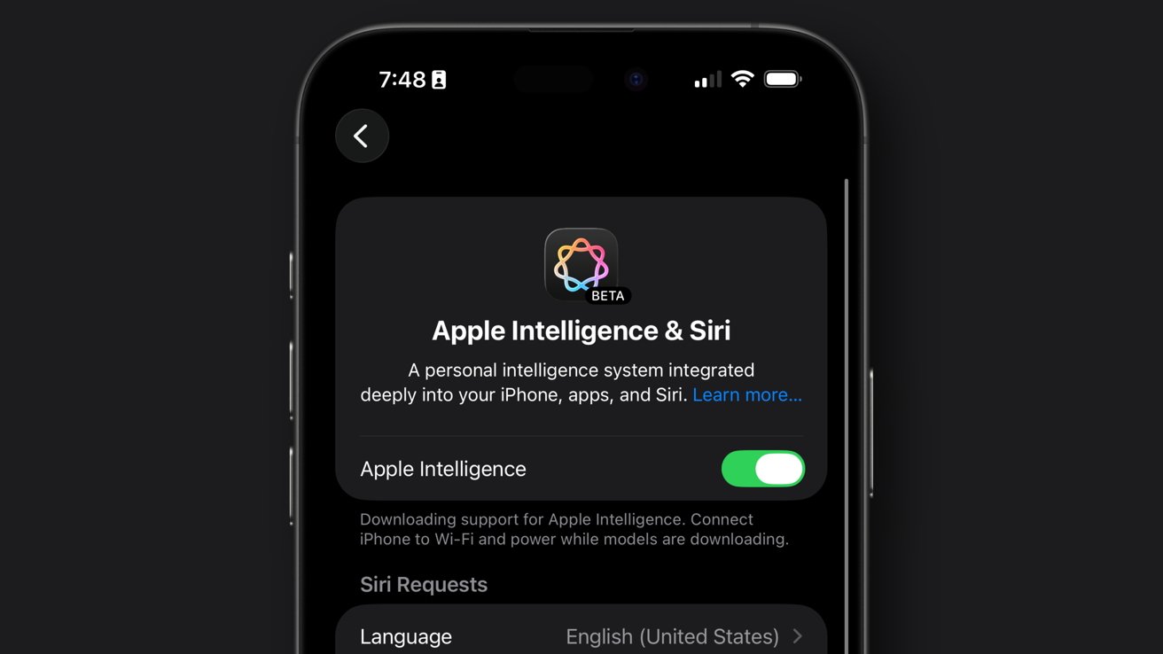 iPhone screen showing Apple Intelligence & Siri settings with beta icon, a description of the feature, and a toggle switch turned on.