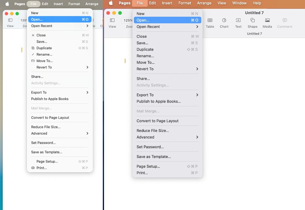 Two overlapping drop-down menus on a computer interface display options like New, Open, Close, Save, Export, and Print, with icons and keyboard shortcuts visible.
