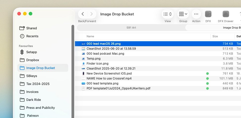 File browser window showing a list of files with names, sizes, and dates, highlighting '000 lead macOS 26.png' in blue. Sidebar includes folders like Setapp and Dropbox.