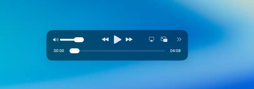 Audio player interface with volume controls, play, pause, and skip buttons, a progress bar indicating 0:00 to 4:08, and icons for display settings, over a blue gradient background.