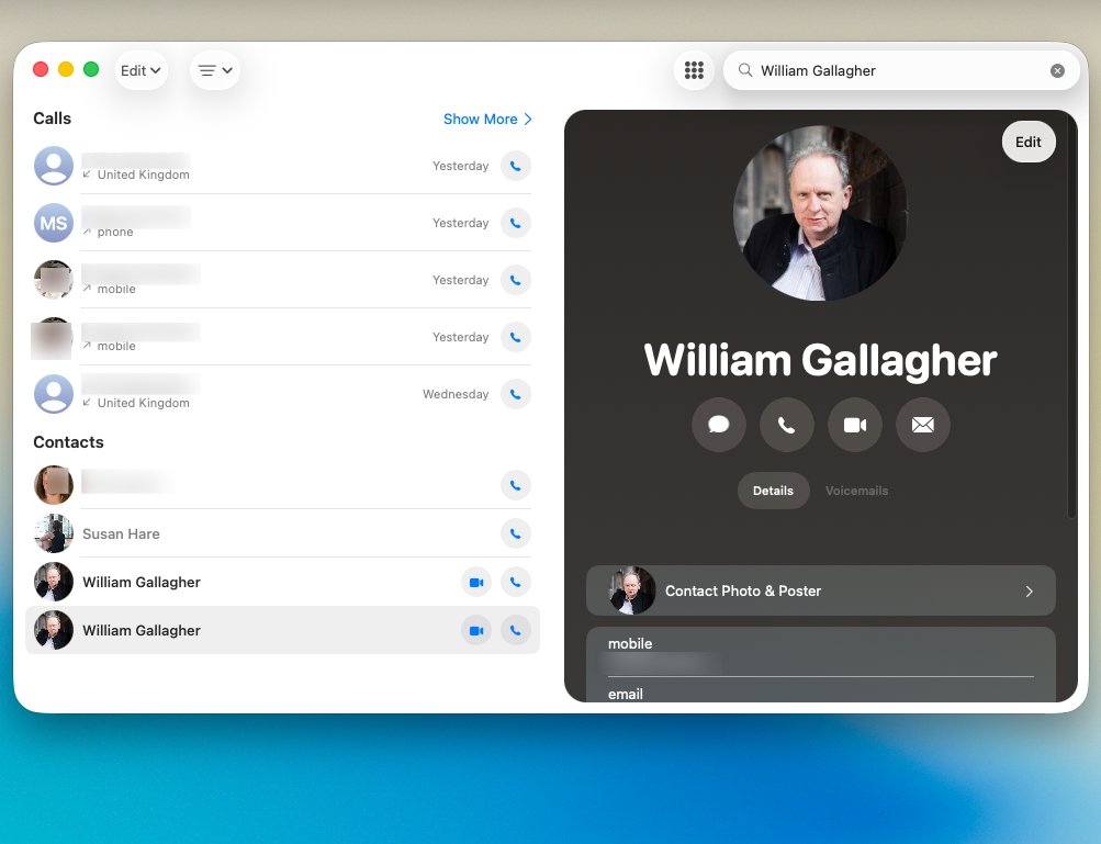 Contact information interface showing recent calls, contacts, and detailed profile with various communication options. User profile includes a circular photo, name, and communication icons.